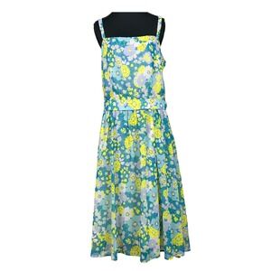 Molly Bracken Floral Midi Dress Blue Yellow Square Neck Fit Flare Large Cottage